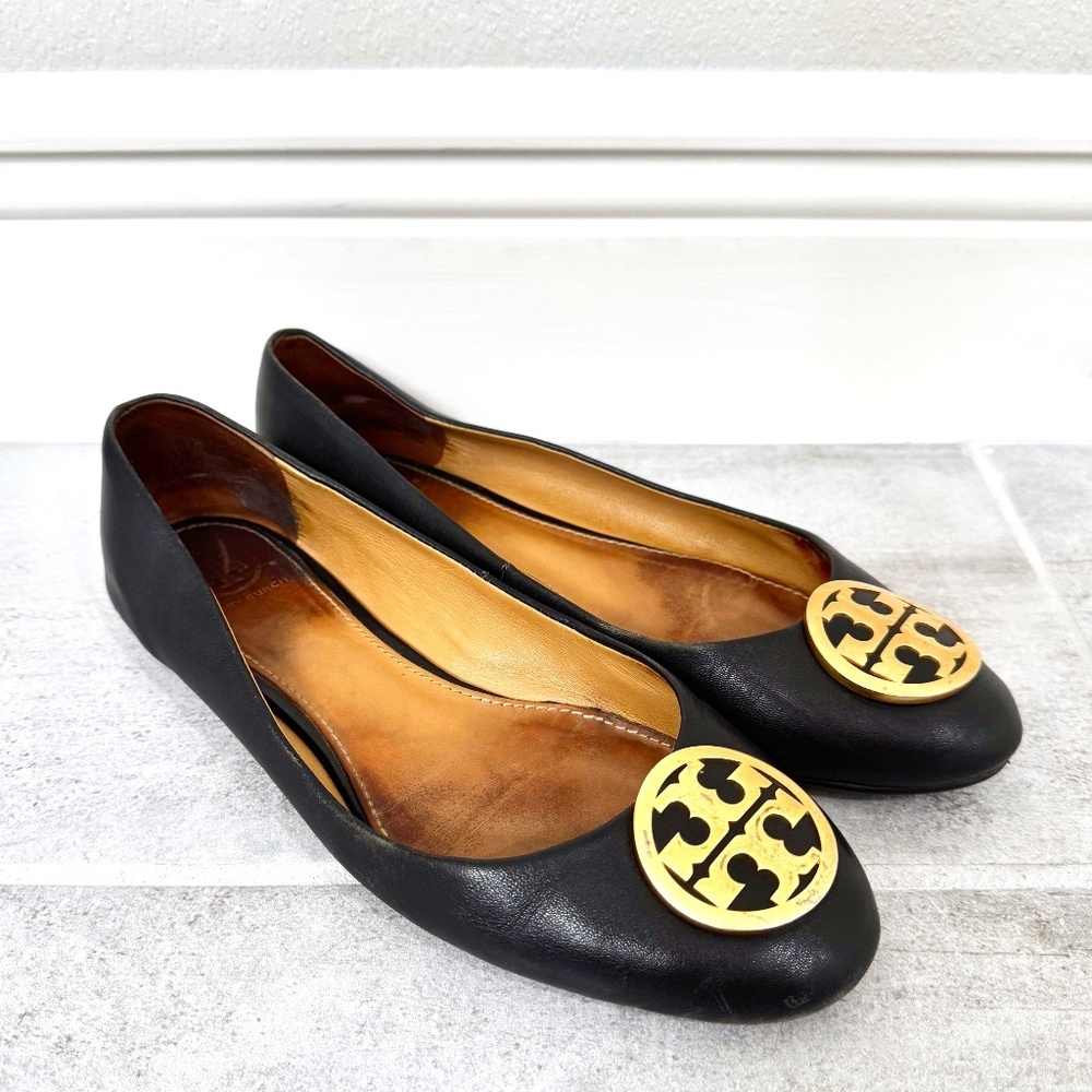 TORY BURCH Benton Black and Gold Ballet Shoes /Flats